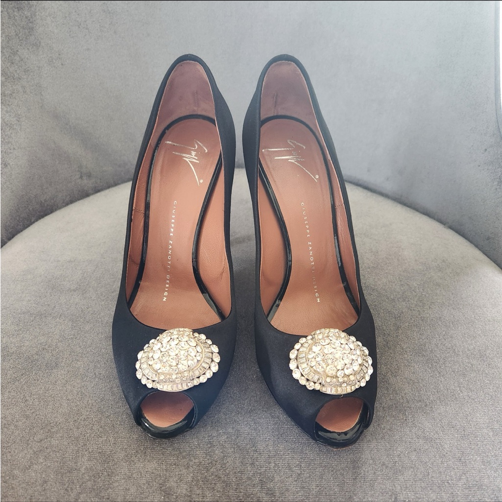 Giuseppe Zanotti Black Satin Peep-Toe Heels Pumps Shoes Size 37.5